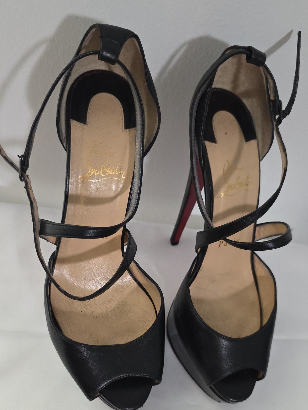 Christian Louboutin Black Leather Crisscross Peep-Toe Heels